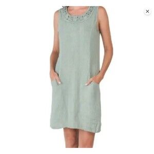 Lungo L'Arno Linen Sleeveless Shift Dress-Small-Lattice Yoke-Pockets-Sage Green